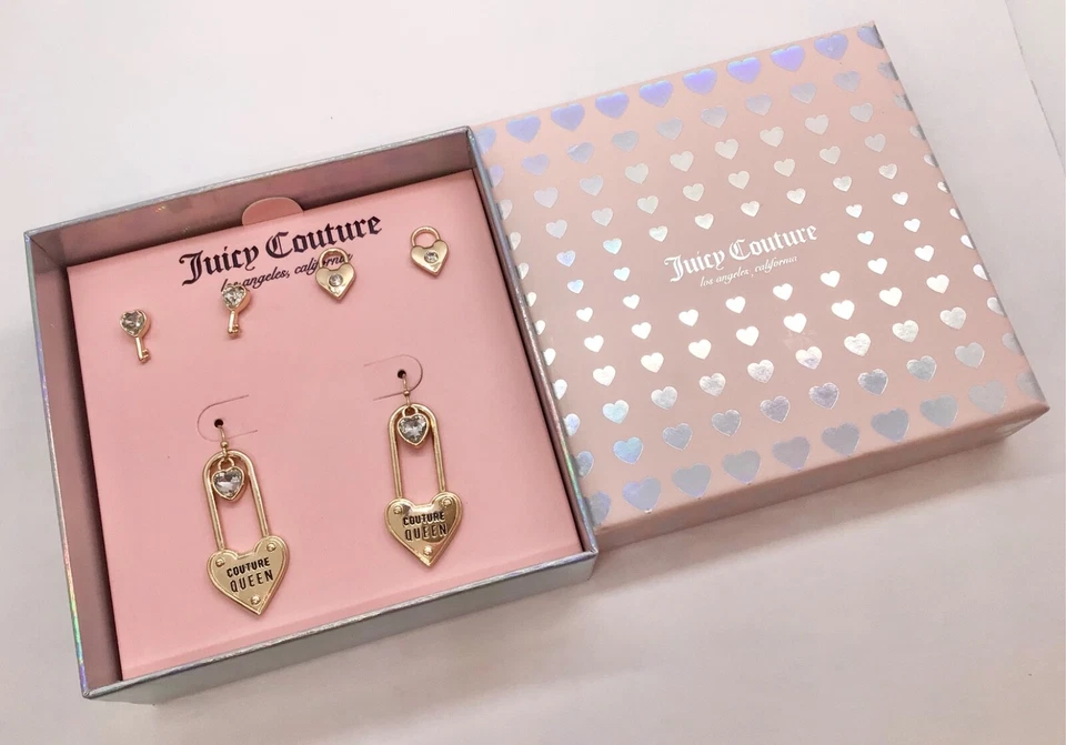 Nuevo Juicy Couture Vidrio Cristal Candado Corazón Gancho Aretes Conjunto 3 Foto 3 de 4