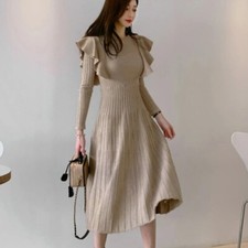Vintage Elegant O-Neck Knit Long Dress Slim Full Sleeve Ruffles Sweater Dresses