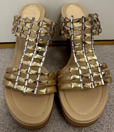 Sandalias de cuña RENE CAOVILLA beige dorado cristal desnudo adorno punta abierta cuero E - Imagen 4 de 7