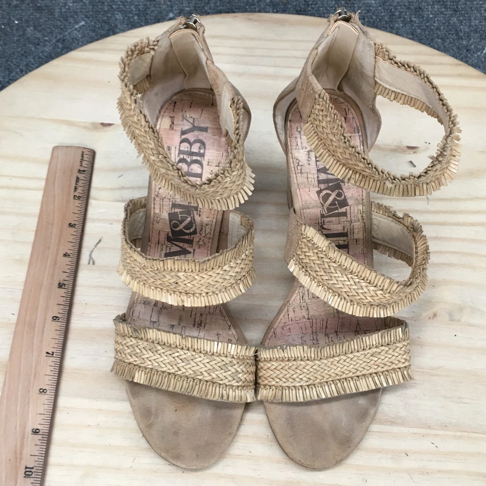 Sam & Libby Tacones Altos Mujer 8.5 Punta Abierta Tirantes Marrón Ratán Cremallera Trasera Foto 4 de 4