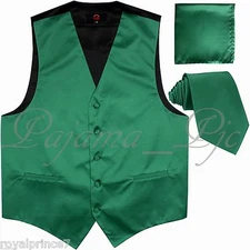 Emerald Green Tuxedo Suit Vest Waistcoat and Neck tie Hanky Set Prom Wedding