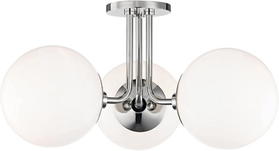 Stella 3-Light Ceiling Fixture, Polished Nickel & White Glass, 24''W x 10.5''H