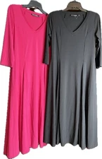 Lot of 2 Attitudes by Renee XSP V Neck Midi Dresses w/ Pockets Black, Hot Pink