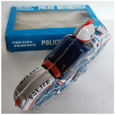 Friction Powered Police Motorcycle #51; Tin LITHO Toy - NM in