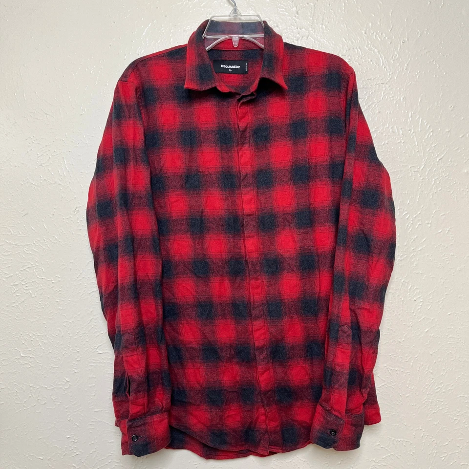 DSquared2 Shirt Mens 50 M Red Flannel Plaid Long Sleeve Hidden Buttons - Image 2 of 4