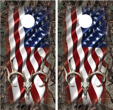 Buck Deer Skull American Flag Camo "Oak Ambush" Cornhole Board Decal Wrap Wraps