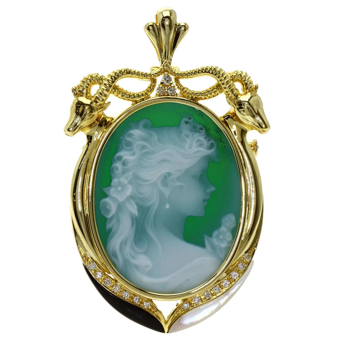 0.22ct Stone Cameo White Shell Onyx Diamond Brooch K18 Yellow Gold