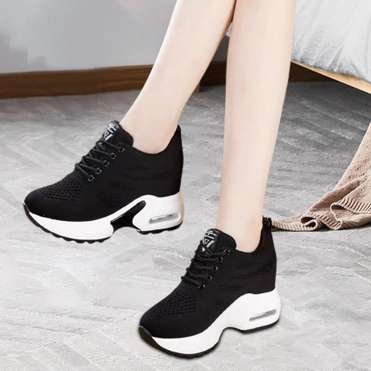 Women Sneakers Wedge Shoes Height Increasing for Running Work 38 black