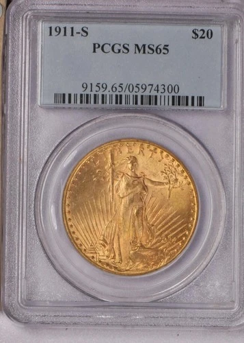 1911-S Gold St. Gaudens Double Eagle $20 PCGS MS65. Scarcer date.