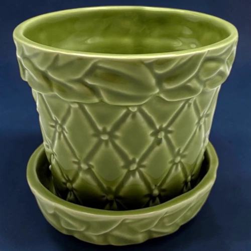 Vintage Quilted Diamond Leaf Planter + Attached Saucer Pottery Green 3.5" MCM