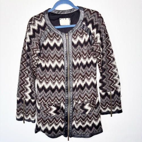Mike Gonzalez Strickjacke Gr. M Chevron Wollmischung Lederbesatz Full Zip Pullover - Bild 13 von 13