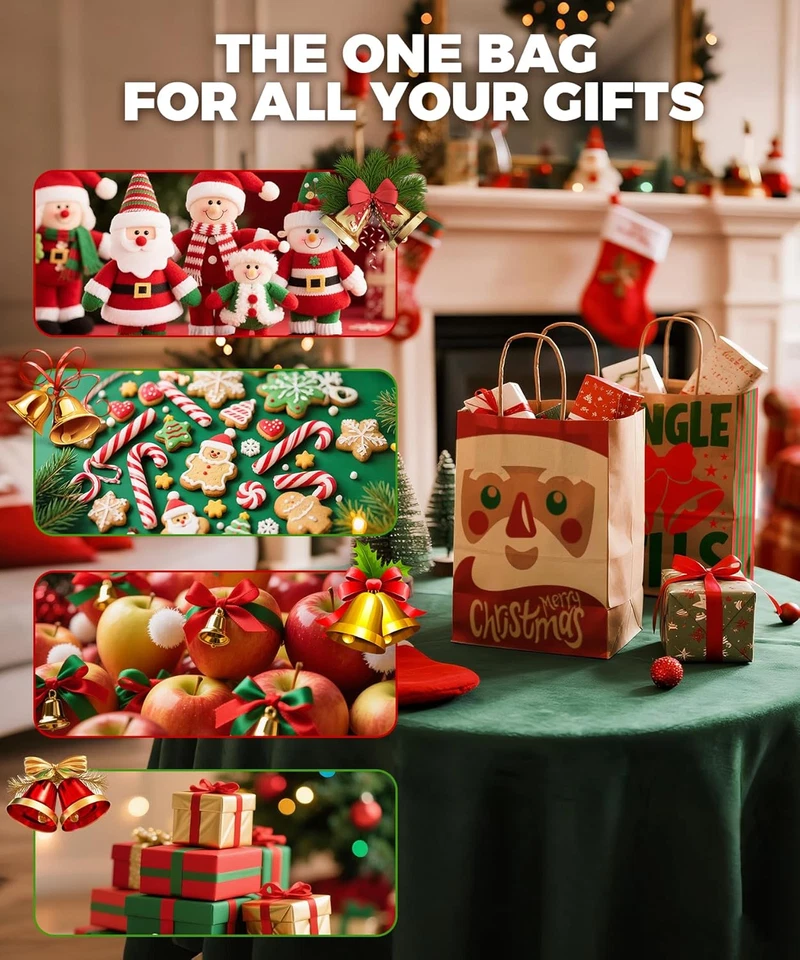Paquete de 24 bolsas de regalo de Navidad con asas, bolsas de golosinas de papel Kraft para Holid Foto 4 de 4