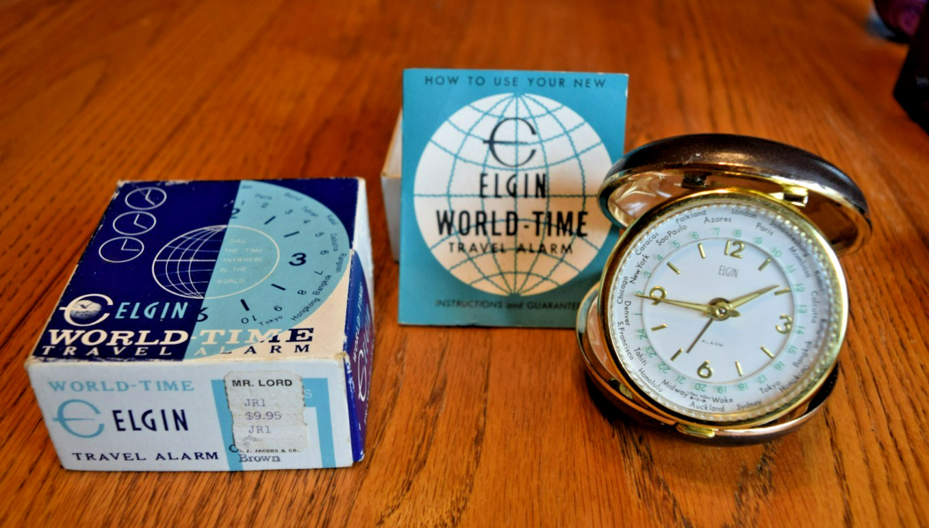 Vintage 1969 Luminous Elgin World Time Travel Alarm Clock in Original Case & Box