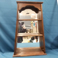 Vtg Wood 3 Shelf Display Case Curio Shelf Wall Hanging Mirror Backed 27"