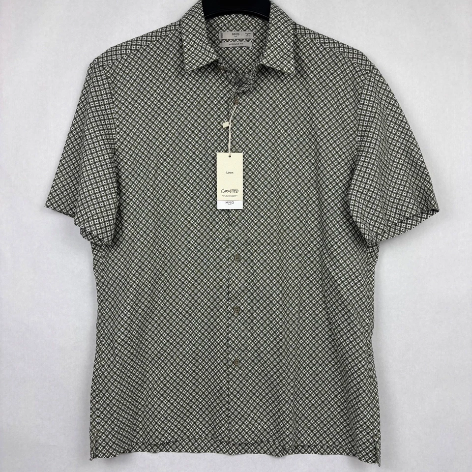 NUEVO CON ETIQUETAS MANGO MAN Camisa Para Hombre Mediana Lino Gris Manga Corta Geométrica Abotonada Foto 2 de 4