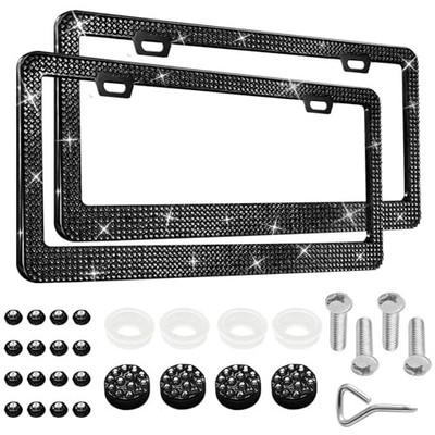 Bling License Plate Frames for Women, License Plate Holder, Sparkly 2PCS Black