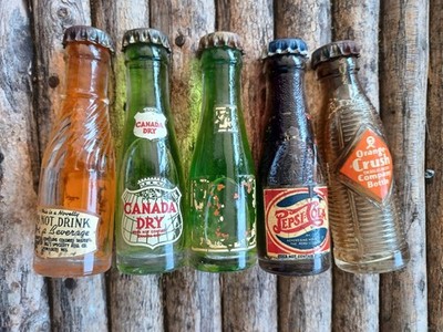 lot of vintage Miniature Glass Soda Pop Bottles, Pepsi Crush 7up Ginger Ale,etc