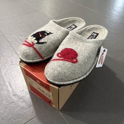 Haflinger Black Cat Kitty Womens Slippers Wool Felt Gray Red Yarn Size 41 9-9.5