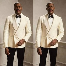 Cream Men's Suits Double Breated Peak Lapel Formal Wedding Tuxedos Blazer Pant