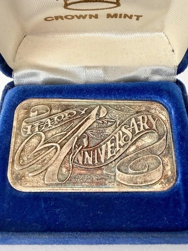 Crown Mint Happy Anniversary 1 oz .999 Fine Silver Art Bar w/ Case Vintage CCM
