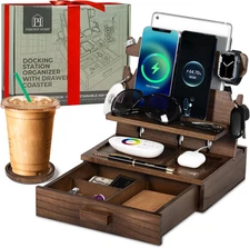 Wood Phone Docking Station for up to 3 Phones - Nightstand Organizer with Drawer