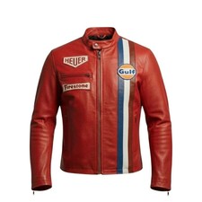 Gulf Red Biker Jacket Heuer Steve McQueen Racing Style Stripes Jacket