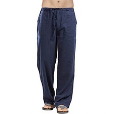 Mens Drawstring Casual Linen Baggy Pants Loose Straight Beach Long Trousers