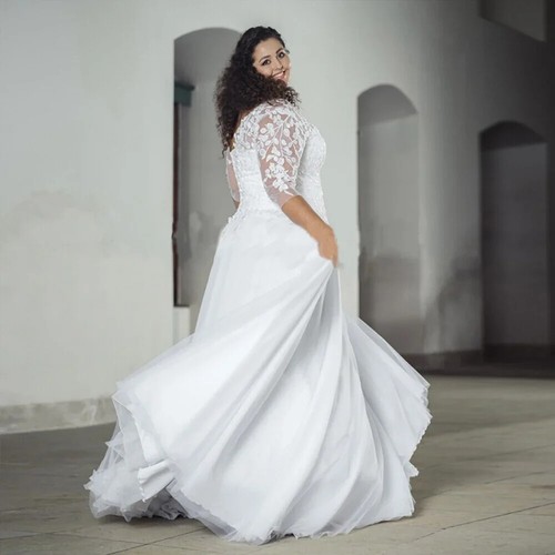 Plus Size Tulle Wedding Dresses 3/4 Sleeve Appliques Sweep Train Bridal Gowns - Picture 2 of 8