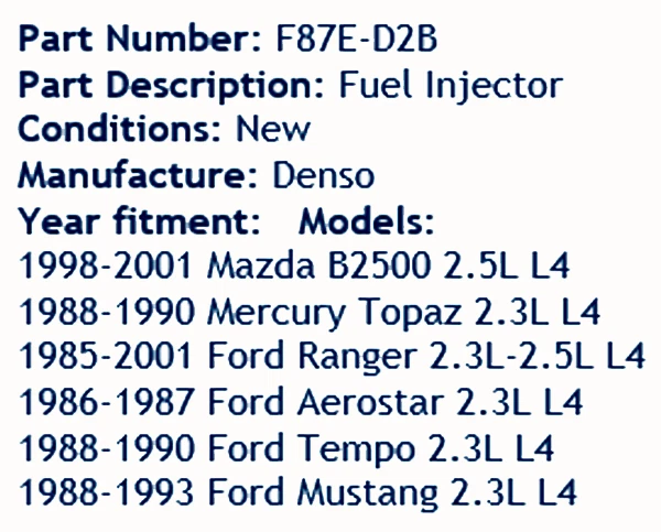 Fuel Injector Denso F87E D2B Ford Aerostar Mustang Ranger Mazda B2500 2.3L 2.5L - Image 2 of 4