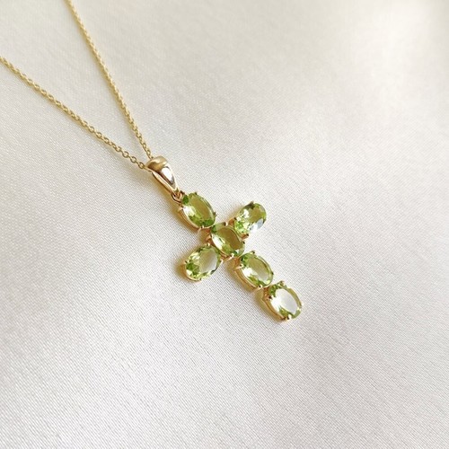 Peridot Cross Pendant, Gold Plated Silver Pendant, Holy Cross Birthstone Pendant - Picture 4 of 8