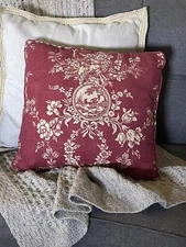 Waverly French Country Red Toile Quail Throw Pillow Cover Bordeaux Cording 17”sq