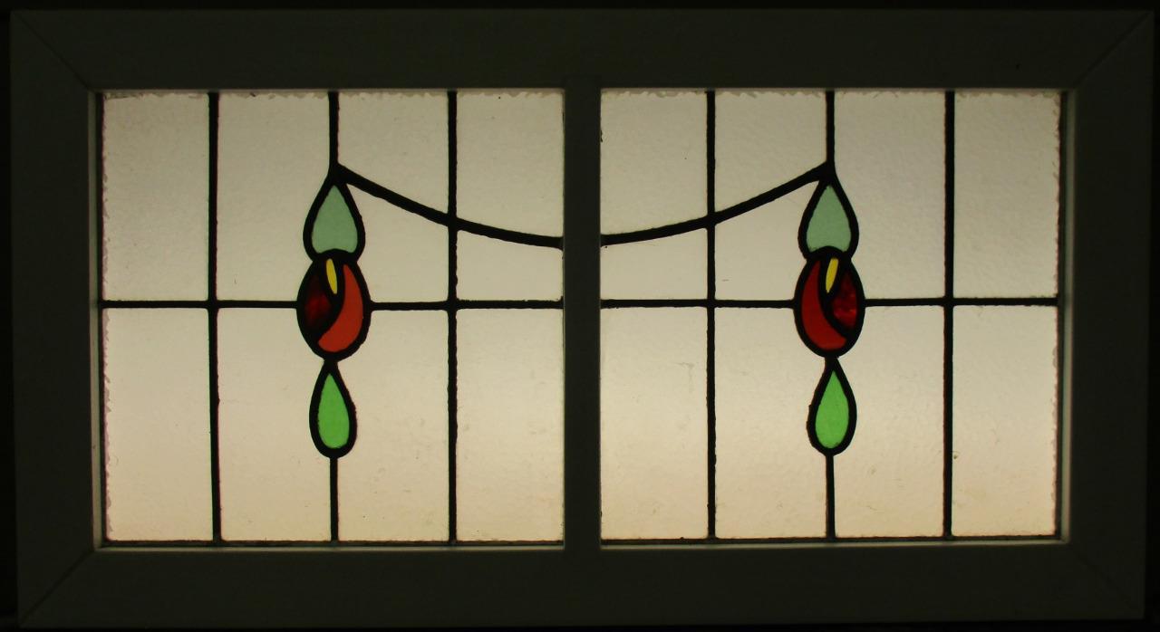 OLD ENGLISH LEAD STAINED GLASS WINDOW TRANSOM Double Floral Swag 35.5