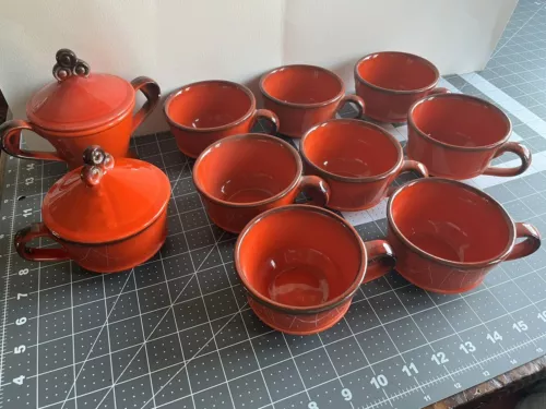 Vintage Metlox Poppytrail Red Rooster Mugs Stoneware Set of 9, And 1 Sugar Jar
