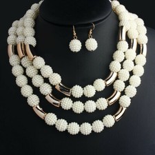 Traditional wedding Choker Bib 3-Layers Acrylic Beads Necklace  Earrings Set