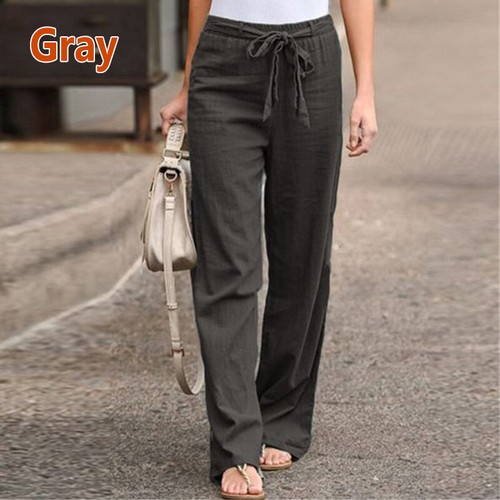 Pantalone donna lino cotone pantalone dritto tinta unita vita larga elastico lungo - Foto 22 di 41