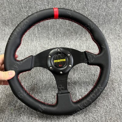 Momo Leather Racing Steering Wheel 13in Drift Rally Black Horn Red Stitch 325MM