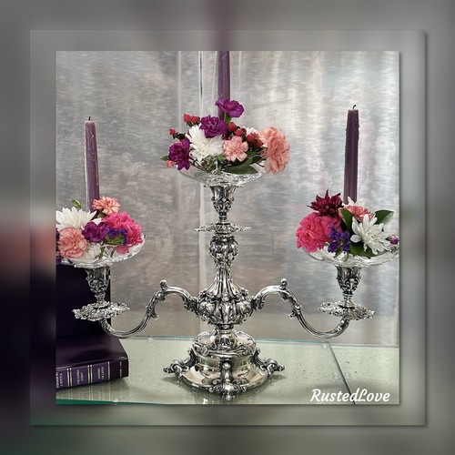 Reed and Barton Candelabra Silver Plated #165 Glass Liners Silver Flower Bowls - Picture 12 of 12