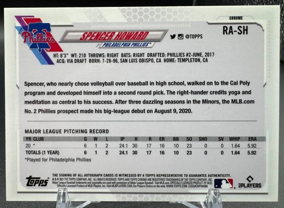 2021 Topps Chrome Sapphire Rookie Autograph SPENCER HOWARD #RASH RC Auto - Image 2 of 2