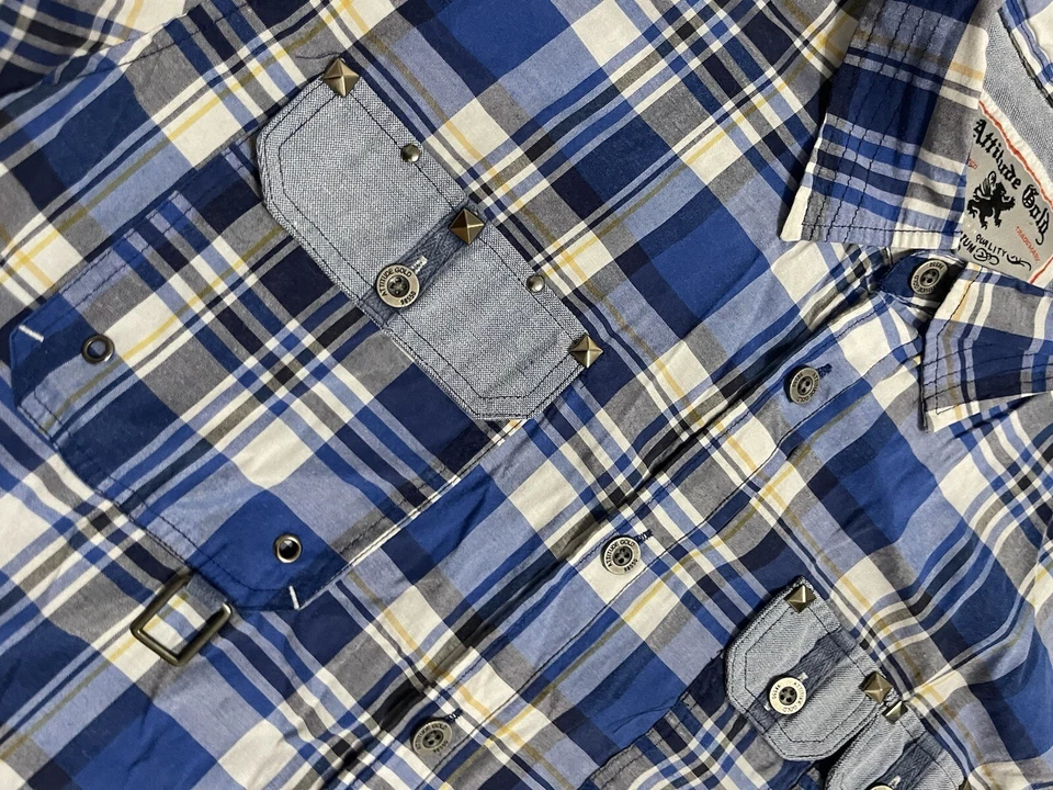 ATTITUDE GOLD Men's Blue Shirt Button Up Plaid Short Sleeve Size XL Casual Wear - Image 3 of 4