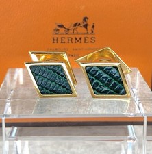 Hermes Paris Cufflinks Deep Green Lizard Leather Gold Finish with Case