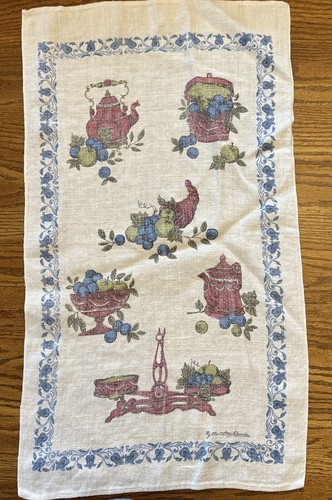 Vtg Linen Tea Towel Strickland Kettle Cornucopia Fruit Basket Scale Apple Floral - Afbeelding 1 van 18