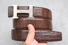 No Jointed - Brown Alligator Crocodile Print Leather Men's Belt - W 1.5"
