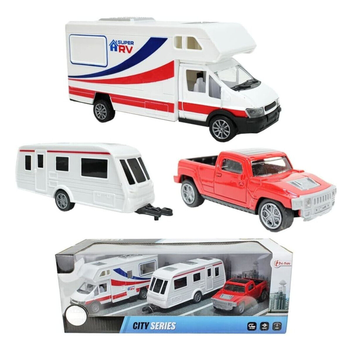 Toi-Toys Modellfahrzeug Set Wohnmobil Wohnwagen Pick-Up-Truck Camping Campen