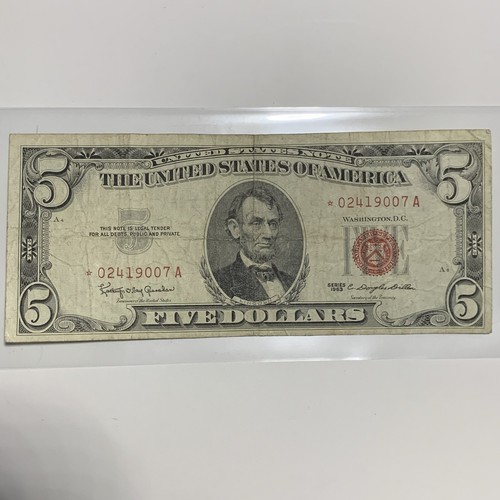 1963 Five Dollar $5 Bill Red Seal United States Note CIRC Star * Serial A