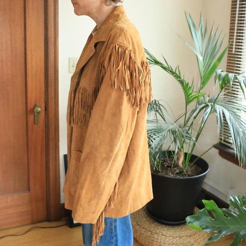 Camel Brown Fringe Suede Leather Hippie Southwestern Jacket Cowboy Western XL - Picture 2 of 6