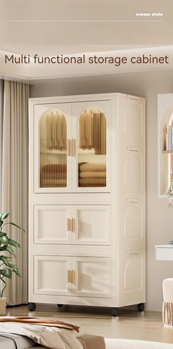 Portable Folding Wardrobe with Magnetic Door Plastic Storage Cabinet with Wheels - Picture 46 of 48