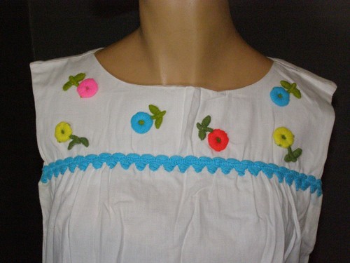 Vintage 60's white shift dress YARN EMBROIDERED colored FLOWERS cotton MOD M L - 第 7/13 張圖片