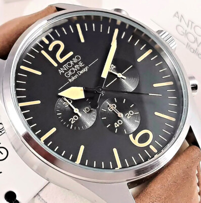 Giovine Herren Armband Männer Uhr Anthrazit Gelb Silber Farben Chronograph Leder