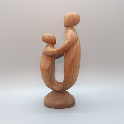 Vintage Novica abstract hand carved wood sculpture 5'' father son nice VGUC 