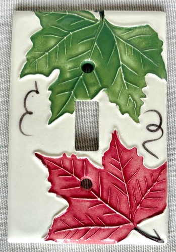 *2* Vtg Ceramic Switch Plate Covers. CV Reeve Tile Red and Green Maple Leaf - Picture 3 of 4